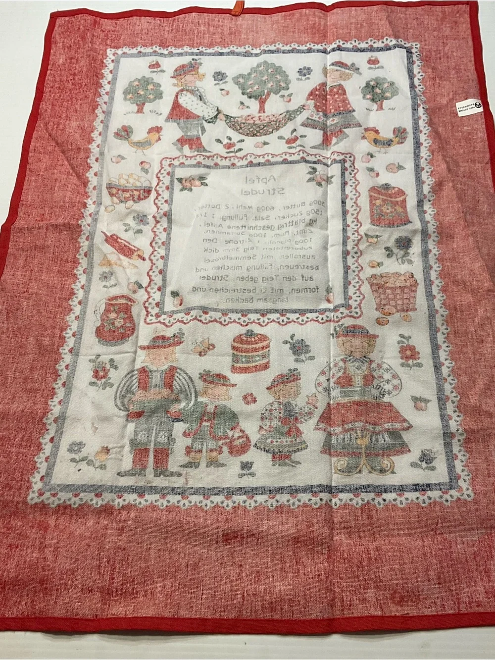 Vintage Baumwolle Applestrudel Recipe Kitchen Tea Towel Austria Folk Art Alpine